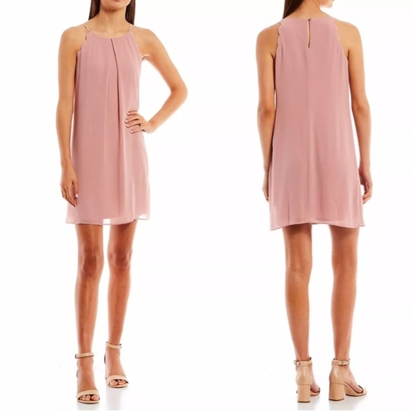 I.N. San Francisco Sleeveless Halter Neck Scalloped Chiffon Shift Dress Pink L - Picture 13 of 13